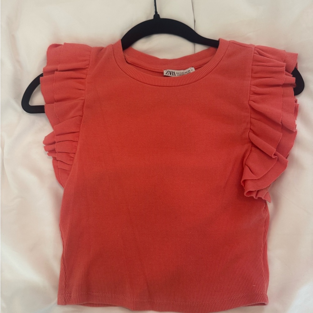 Zara Coral Ruffle Sleeve Top